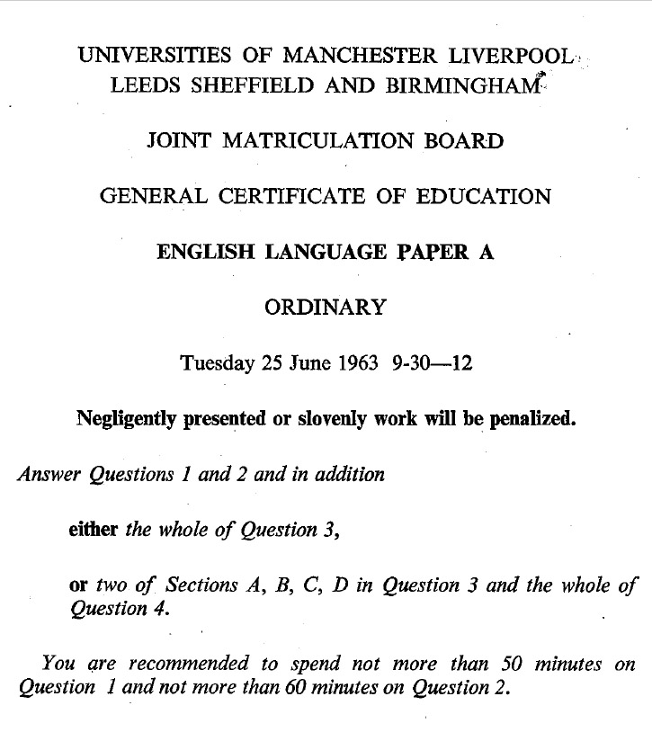 GCE O level English exam 1964