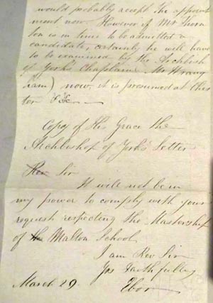 Copy of a note from 1834 from Archdeacon Todd to Archbishop of York
